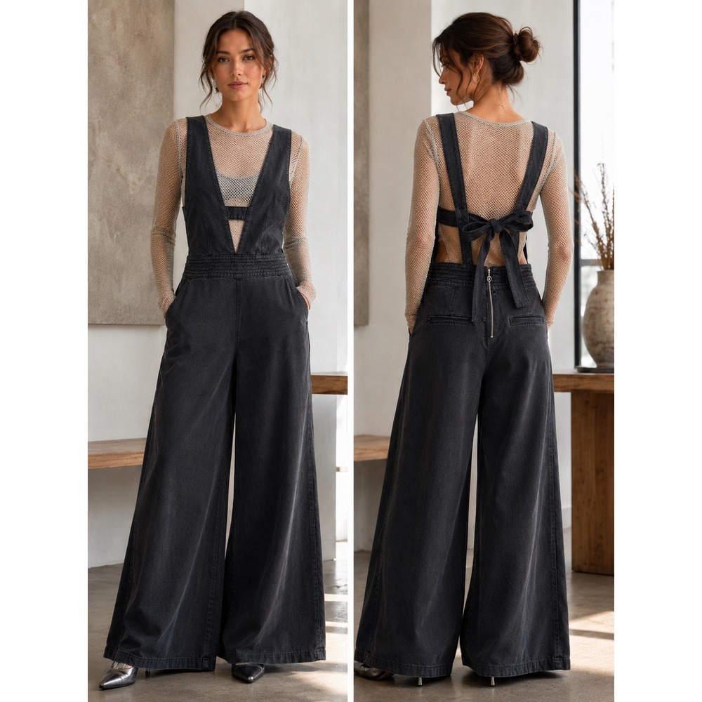 Pilcro Puddle Wide Leg Denim Jumpsuit Womens 27 Black NEW with tags - Picture 1 of 12